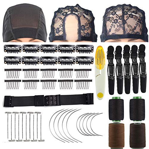 Wig Making Value KitMesh Spandex UPart Dome Wig Cap with TPin NeedleC Shape NeedlesTooth Wig Combs and Styling Hair ClipsElastic Band Wig Kit for Making Wigs
