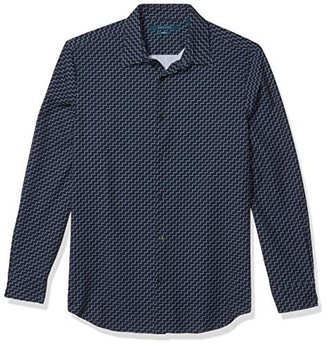 Perry Ellis Mens Zigzag Print Stretch Long Sleeve ButtonDown Shirt Eclipse Medium