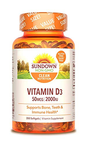Vitamin D by Sundown Supports Immune Bone  Teeth D3 Softgels NonGMO Free of Gluten Dairy Artificial Flavors 2000 IU Value Size 350 count