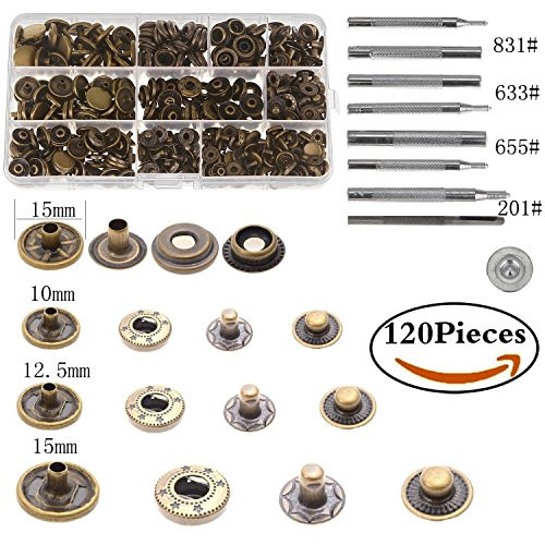 Aiskaer 120 Sets Snap Fasteners Kit, Metal Snap Buttons Press Studs with 9 Pieces Fixing Tools, Bronze Clothing Snaps Kit for Leather, Coat, Down Jacket, Jeans Wear and Bags