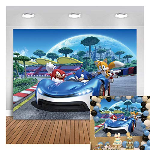 Cartoons Car Sonic The Hedgehog Happy Birthday Theme Photography Background 5x3ft Sonic Game Role Kids Boys Birthday Party Photo Backdrops Baby Shower Dessert Cake Table Decor Props Vinyl