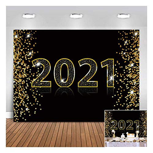 Happy New Year 2021 Theme Photography Backdrops 7x5ft Black and Gold Glitter Bokeh Sequin New Years Eve Party Photo Backgrounds Xmas Carnival Party Decor Holiday Celebration Banner Props