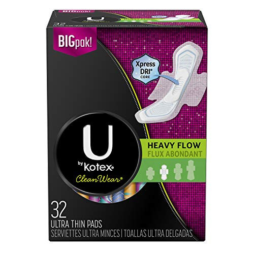 U By Kotex Cleanwear Ultra Thin Pads with Wings Heavy Flow 32 Count