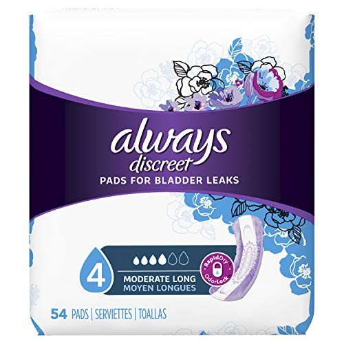 Always Discreet Incontinence Pads for Women Moderate Absorbency Long Length 54 Count