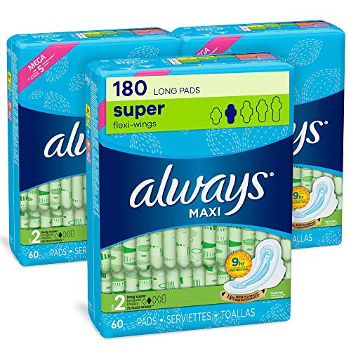 Always Maxi Feminine Pads with Wings for Women Size 2 Long Super Absorbency Unscented 60 Count  Pack of 3 180 Count Total
