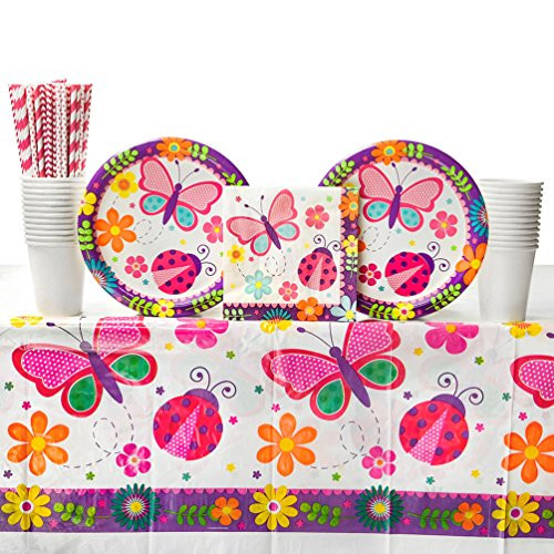 Cedar Crate Market Bundle: Butterfly Garden Birthday Party Supplies Pack for 16 Guests: Straws, Dinner Plates, Luncheon Napkins, Table Cover, and Cups