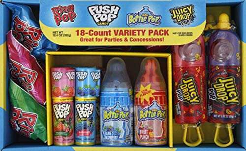Bazooka Candy Brands Halloween Lollipop Variety Pack w Assorted Flavors of Ring Pop Push Pop Baby Bottle Pop and Juicy Drop Pop 18 Count Box