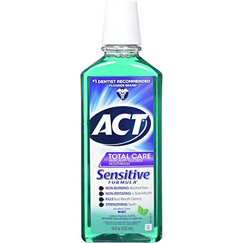 Act Total Care Mild Mint Anticavity Fluoride Sensitive Mouthwash 18 Ounces Value Pack of 4
