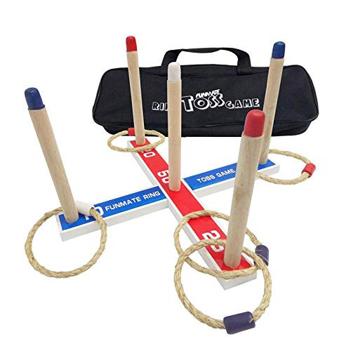 IFUN HIGH Wooden Ring Toss Hoop La Game Outdoor Indoor Quoits Children's or Family Outdoor Quoits Game Garden Rope Quoits Wooden Pegs Throwing Game WIth Oxford Fabric Carry Bag