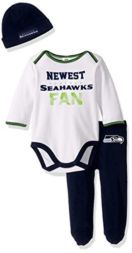 NFL Seattle Seahawks Boys BODYSUIT FOOTED PANT AND CAP Team Color 03M 3 piece