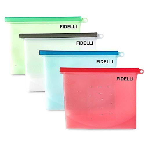 FIDELLI Reusable Silicone Food Storage Bags - Great for Food Preservation and Cooking - Liquid Container, Airtight Seal Storage, Sous Vide, Snacks, Lunch, Sandwich, Freezer - BEST Quality - Set of 4