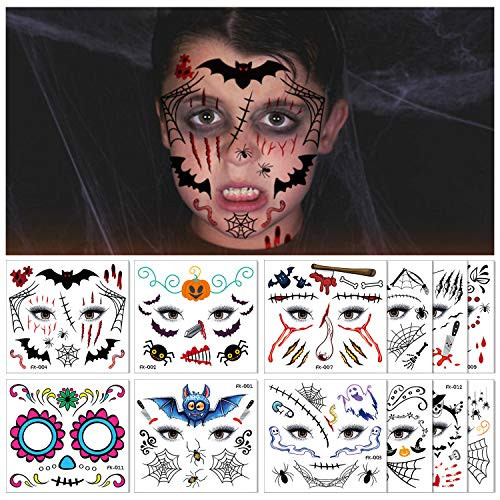 MUYOS Halloween Tattoos for Kids  Bat Skeletons Ghosts Pumpkins Spiders Temporary Tattoo Sticker  Halloween Party Favor Decorations 12 Sheets