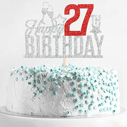 Happy 27th Birthday Cake Topper  Twenty sevenyearold Cake Topper 27th Birthday Cake Decoration 27th Birthday Party Decoration Silver and Red