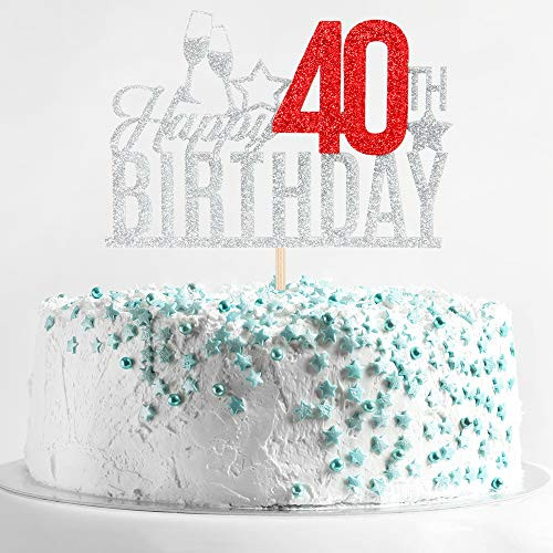 Happy 40th Birthday Cake Topper  Fortyyearold Cake Topper 40th Birthday Cake Decoration 40th Birthday Party Decoration Silver and Red