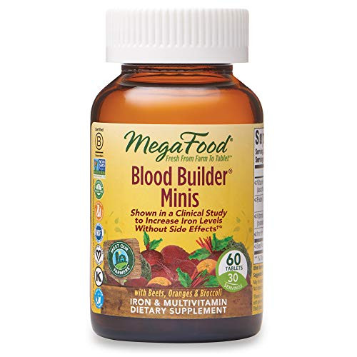 MegaFood Blood Builder Minis Daily Iron Supplement and Multivitamin Supports Energy and Red Blood Cell Production Without Nausea or Constipation GlutenFree Vegan 60 Tablets 30 Servings