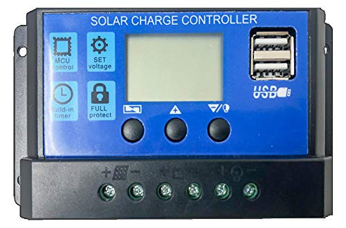 sec Solar Charge Controller 30A Solar Panel Battery Controller 12V/24V PWM Solar Controller Intelligent Regulator Adjustable LCD Display with Dual USB Load Timer Setting ON/Off Hours