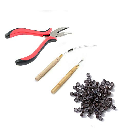 Hair Extension Kit Pliers Pulling Hook Bead Device Tool Kits and 500PCS Silicone Lined Micro Rings Dark Brown