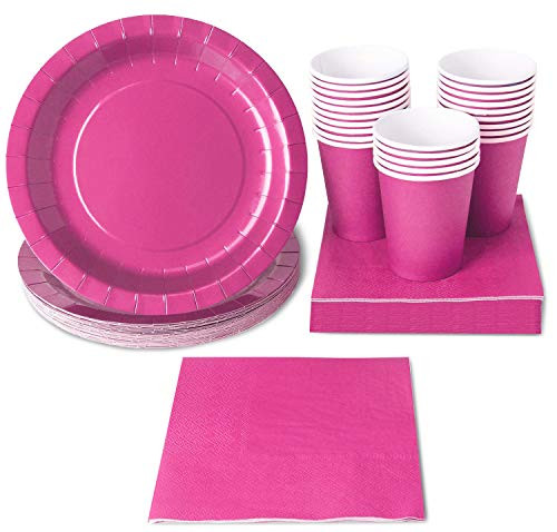 Pink Party Supplies - 24-Set Paper Tableware - Disposable Dinnerware set for 24 Guests, Including Paper Plates, Napkins and Cups, Neon Pink