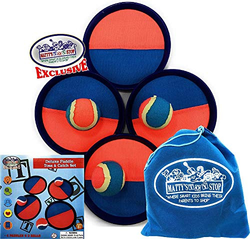 Mattys Toy Stop Deluxe Toss  Catch Hook  Loop Tropical Colors Paddle Game Set with 4 Paddles 3 Balls  Storage Bag