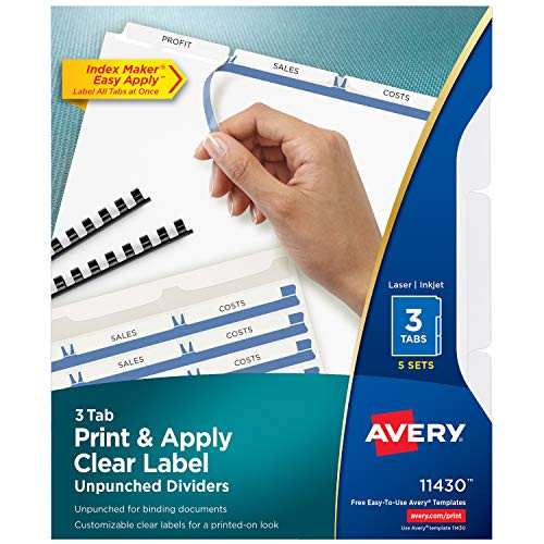Avery 3Tab Unpunched Binder Dividers Easy Print  Apply Clear Label Strip Index Maker White Tabs 5 Sets 11430