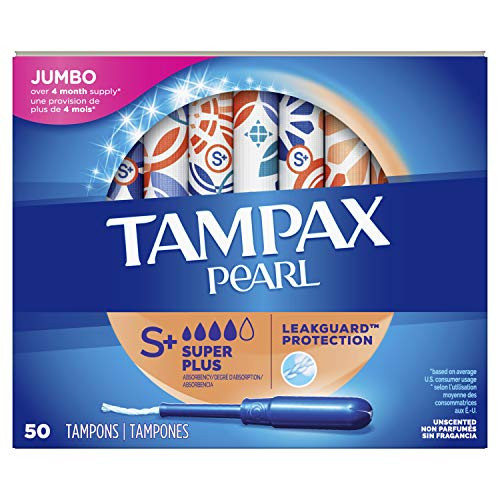 Tampax Pearl Tampons Super Plus Absorbency with LeakGuard Braid Unscented 50 Count