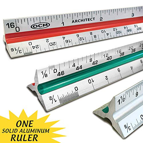 OCM 1 Triangular Architect Scale Ruler (Professional Grade Solid Aluminum) Color Coded 12" Architectural Scale (Imperial Measurements) - Ideal for Architects, Engineers, Draftsman and Students