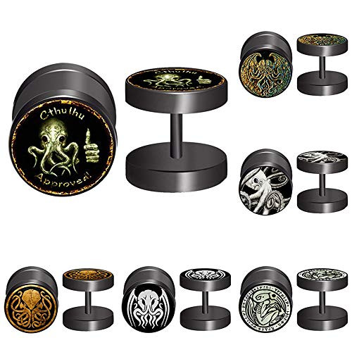 FLYUN 6 Pairs 10MM Skull Black Screw Stud Earrings for Men Women Steel Cheater Fake Ear Plugs Gauges Illusion Tunnel Octupus Cthulhu