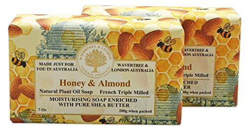 Wavertree  London Honey Almond 2 Bars 7oz Moisturizing Natural Soap Bar French Milled and enriched with Shea Butter
