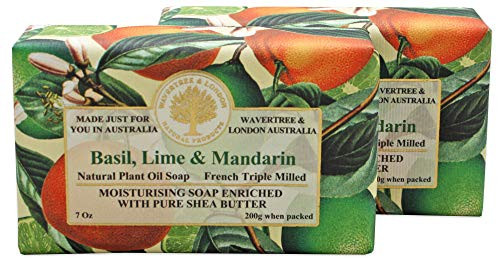 Wavertree  London Basil Lime Mandarin 2 Bars 7oz Moisturizing Natural Soap Bar French Milled and enriched with Shea Butter