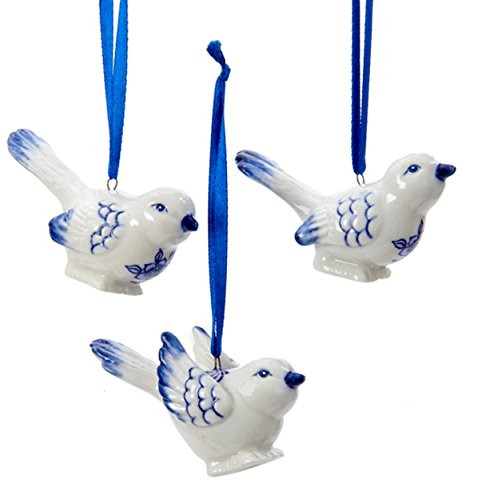 Kurt Adler Porcelain Delft Blue Bird OrnamentsBluewhite set OF 3