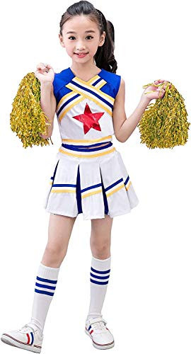 Girls Cheerleader Uniform Outfit Costume Fun Varsity Brand Youth Blue White Matching Pom poms