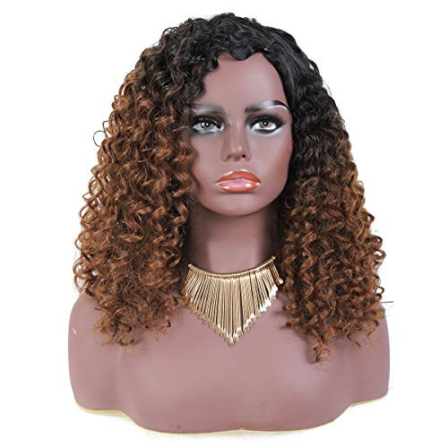 Ombre Afro Wigs For Black Women Short Kinky Curly Wigs Black Ombre Brown Bouncy Synthetic Wig Heat Resistant Wig Look Natural Middle Part Curly Wig Black ombre Brown