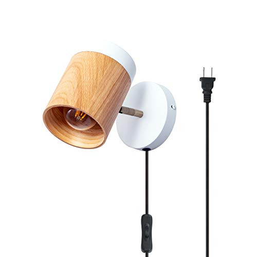 TeHenoo Plug in Wall Lamp Wooden Wall Sconce White Wall Light with Cord Rotatable Wall Light Fixture for Bedroom Living Room Bedside Lamp