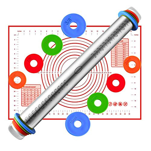 Rolling Pin and Silicone Baking Mat Set  Dough Roller with Adjustable Thickness Rings  Stainless Steel Roller Pin and Pastry Mat for Baking Dough Pizza Pie Pastries Pasta and Cookies