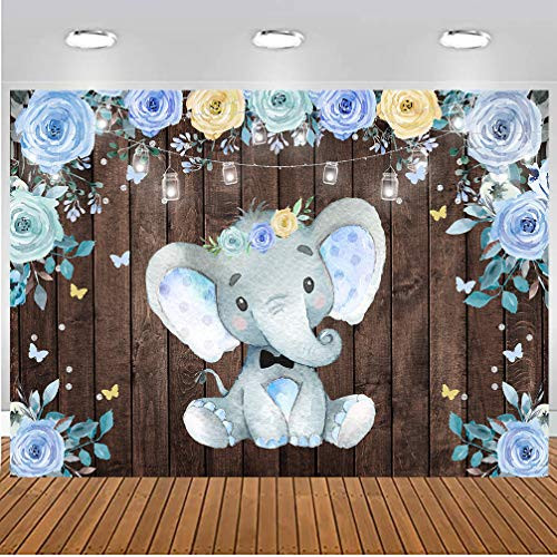 Sensfun Boy Elephant Baby Shower Backdrop A Little Prince Newborn Baby Its a Boy Birthday Party Blue Flower Rustic Wood Photography Background Decorations Photo Booth 7x5ft