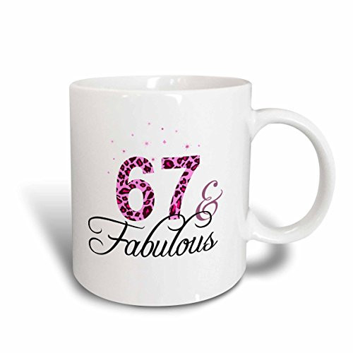 3dRose 67 and Fabulous Fun Girly Birthday Gift Black and Hot Pink Leopard Print Pattern Bday Diva Text Ceramic Mug 15 oz White