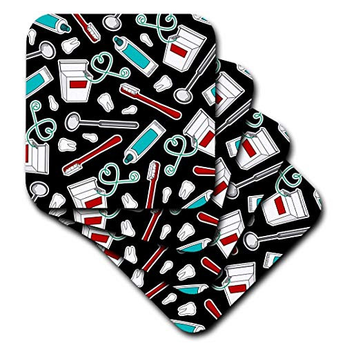 3dRose CST1658192 Cute Dentist Dental Hygienist Print Black Soft Coasters Set of 8
