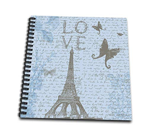3dRose db1521391 Love Eiffel Tower Blue Script and Butterflies Drawing Book 8 x 8