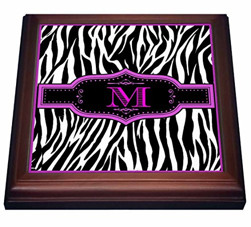 3dRose Monogram with M initial Zebra print hot pink and blackTrivet with Ceramic Tile 8 x 8 Brown