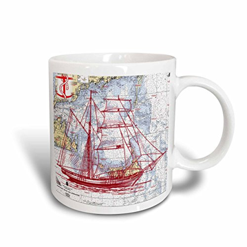 3dRose Print Of Vintage Florida Chart With Pirate Wheel Mug 11 oz Red
