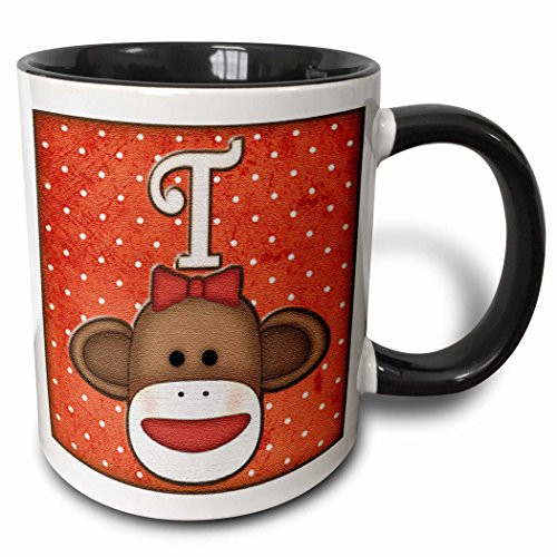 3dRose Cute Sock Monkey Girl Initial Letter T Two Tone Mug 11 oz BlackWhite