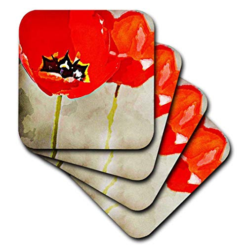 3dRose Painted Red Poppies  Flowers  Floral Print  Soft Coasters set of 4