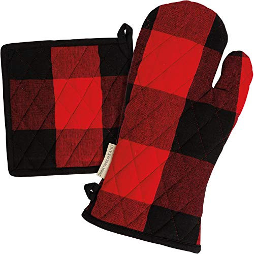 PBK Red and Black Buffalo Check Cotton Oven Mitt  Potholder Set