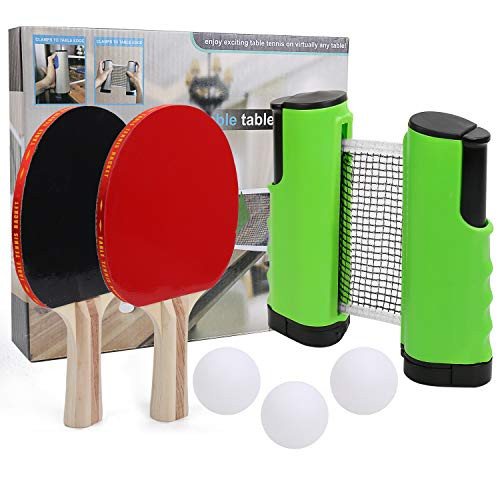 IAMGlobal Ping Pong Paddle Set with Retractable Net 2 Premium Paddles Rackets 3 Table Tennis Balls 1 Retractable Net 1 Storage Bag Table Tennis  Ping Pong Set for Indoor OutdoorGreen