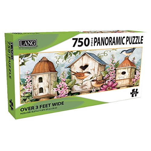 LANG - 750 Piece Panoramic Puzzle -"Birdhouse Garden", Artwork by Susan Winget - Linen Finish - 38.25 x 11.25 Completed