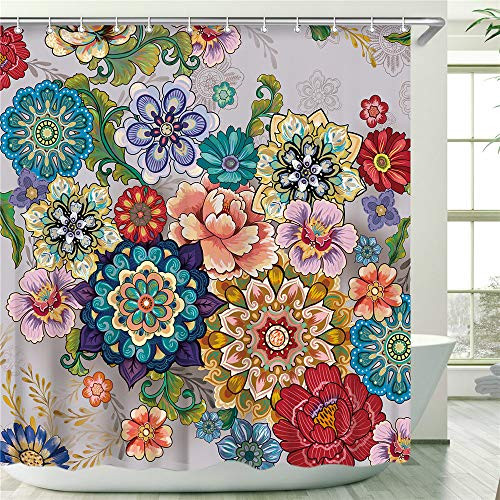 Stacy Fay Boho Floral Shower Curtain Boho Mandala Flowers Shower Curtains Sets with 12 Hooks Machine Washable Dry Quickly 72 X 72 Vibrant Boho Colorful Shower Curtain Mandala Floral