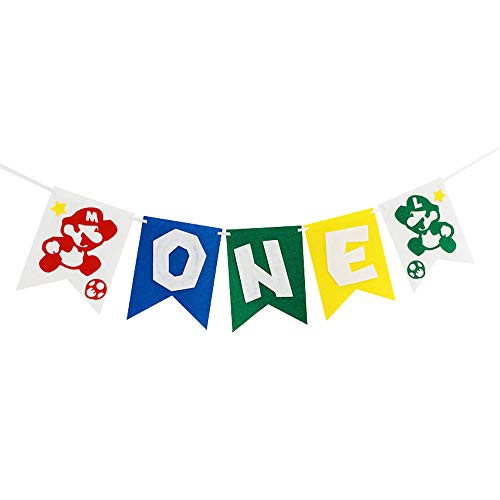 Hongkai Super Mario Inspired 1st Birthday Banner Decorations Handmade ONE Banner Highchair Banner Party Decoration One High Chair Sign Baby First Birthday Decorations Supplies