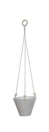 Creative Coop Large Matte White Embossed Stoneware Cotton Rope  Wood Beads Hanging Planter