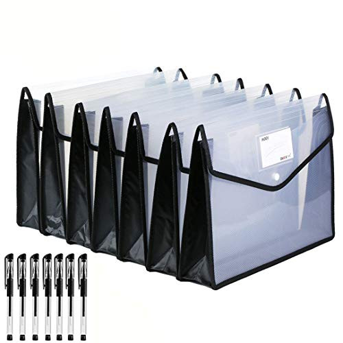 Abgream 7 Pack File Folder  Expandable Poly Envelopes Plastic Document Folder Button Closure Waterproof File Pouch with 7pcs Black Gel Ink Pens for School Office Supplies Black