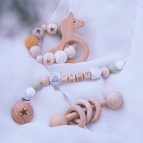 3pc Wooden Rattle Toys Star Printed Beads Pacifier Clip Handmade Wooden Hippocampus Teether Pendant Nursing Bracelet Safe Montessori Inspired Toys for Babies